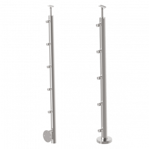 Poteau inox brossé 304 ou 316 pour 5 lisses, disponible en pose au sol ou à l’anglaise, robuste et esthétique pour garde-corps.