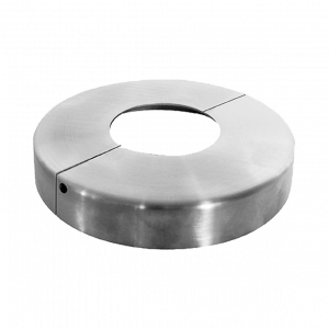 Cache-platine inox en deux parties pour poteau de garde-corps. Installation facile et finition soignée pour intérieur et extérieur.