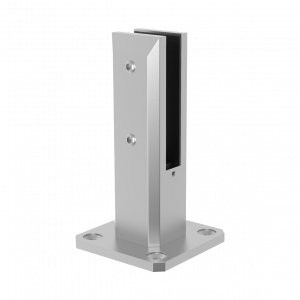 Pince sol en inox brossé pour fixation élégante et sécurisée de panneaux de verre. Idéale pour garde-corps et balustrades sans poteaux.