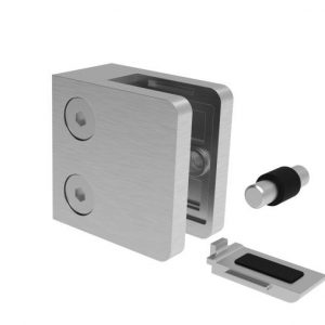 Pince à verre inox brossé 45 x 45 mm pour tube plat. Idéale pour fixer du verre en sécurité sur supports plats. Esthétique moderne et haute résistance.