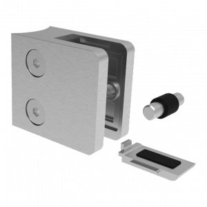 Pince à verre avec taquet 45 x 45 mm en inox brossé sur tube 42,4 mm.