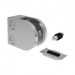 Pince à verre demi-ronde 50 x 40 mm avec taquet en inox 304 brossé pour tube plat, design moderne et fixation sécurisée.