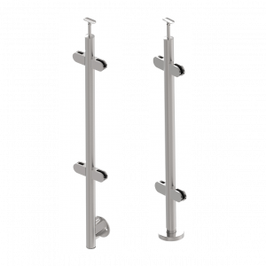 Poteau intermédiaire en inox brossé 304 ou 316, équipé de 4 pinces à verre, disponible en pose au sol ou à l’anglaise, idéal pour garde-corps en verre.