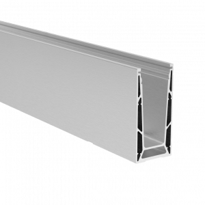 Rail U inox brossé 0,5 kN pour pose au sol, avec options de joints pour verre 16,76 mm ou 17,52 mm, longueurs 2500 mm et 5000 mm.