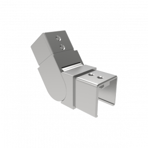 Raccord orientable rampant bas inox 316 pour tube à gorge carré 40x40 mm. Parfait pour garde-corps en pente, même en milieu salin.