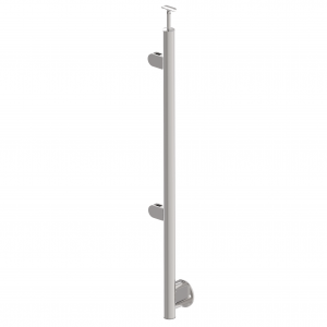 Poteau inox brossé 304 ou 316, départ gauche, fixation à l’anglaise, avec 2 pinces à verre pour garde-corps.