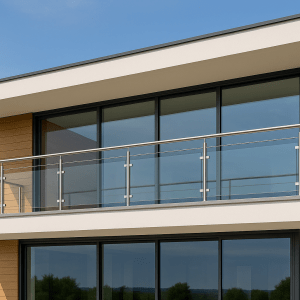 Kit garde-corps inox brossé 304 ou 316 avec remplissage en verre, pose au sol ou à l’anglaise. Disponible en ligne jusqu’à 24 ml – configurateur et experts pour projets sur mesure.